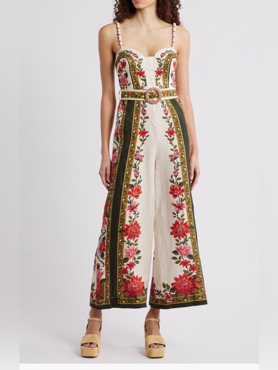 FARM Rio Pants - FARM Rio Cream Jumpsuit with Red & Pink Floral Embroidery